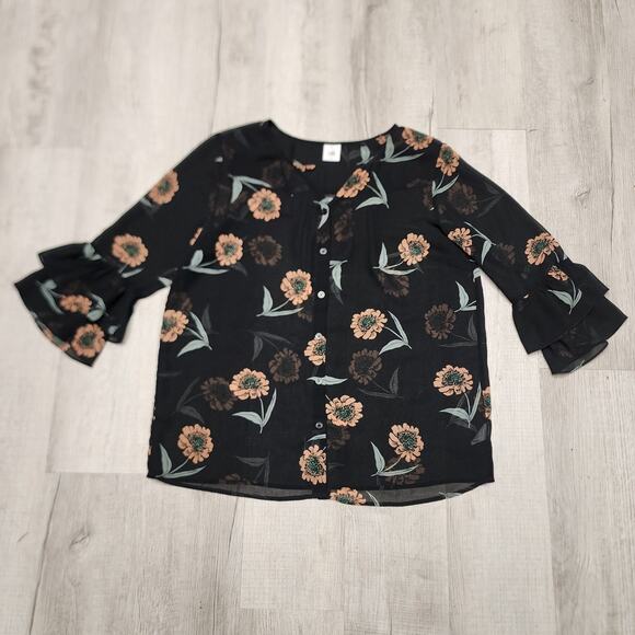 Cabi Women's Long-Sleeved Button-Down Blouse Size L Black Floral Semi-Sheer - Picture 3 of 8